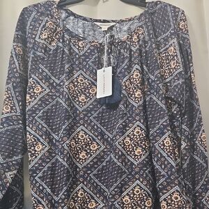 Lucky Brand Sunflower Design Navy and Cream Printed Blouse Medium NWT